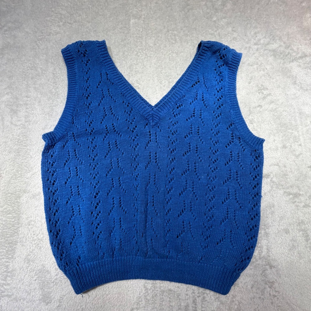 Vintage Gotham Blue Pointelle Knit Sweater Vest Size L Ramie Cotton 90s V-Neck